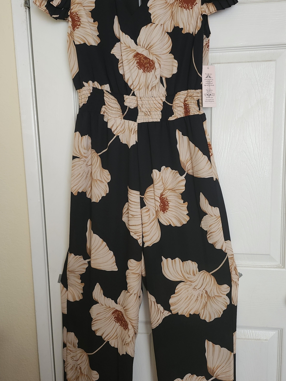 Black Overall Jumper with Cream Floral Print - Women's Elegant Overall